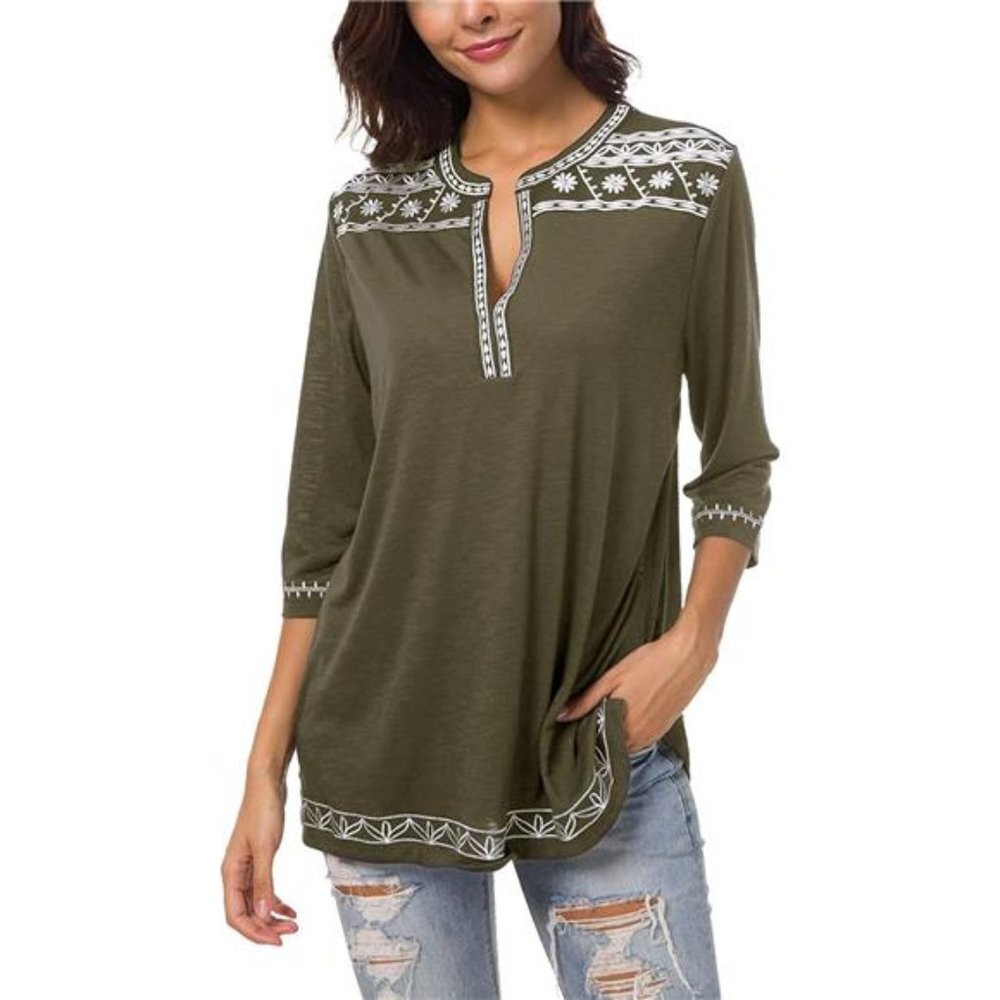 Women's 3/4 Sleeve Boho Shirts Embroidered Peasant Top